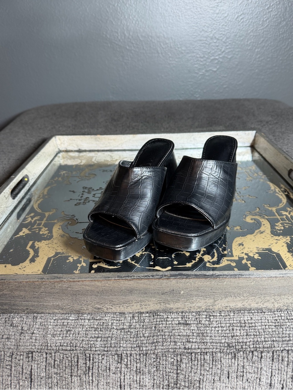 Black Croc-Embossed Slip-On Platform Mules